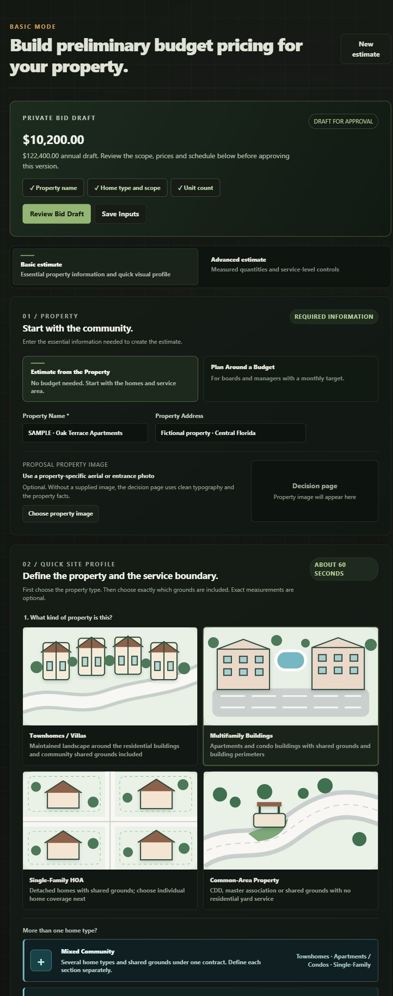 Actual Baseline Proposal Studio interface with a fictional apartment property, property details and visual property-type choices