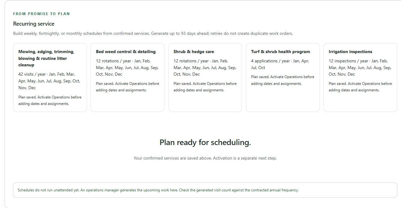 Actual Operations Studio recurring service plan with mowing visits, bed-detail rotations, agronomy applications and irrigation inspections.