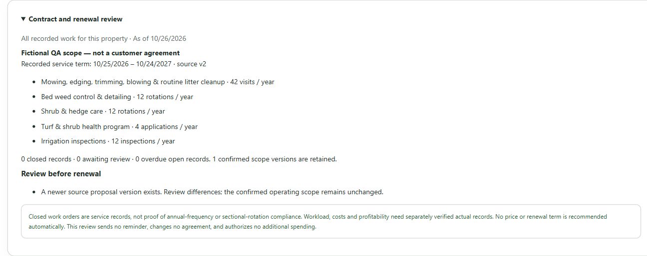 Actual Operations Studio contract and renewal review showing retained scope frequencies and a newer-proposal-version notice.