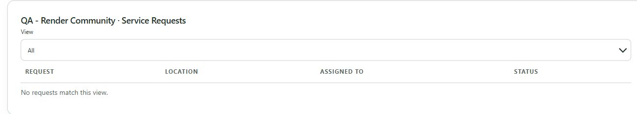 Actual Operations Studio service-request view showing location, assigned person and status columns with the sample workspace empty state.