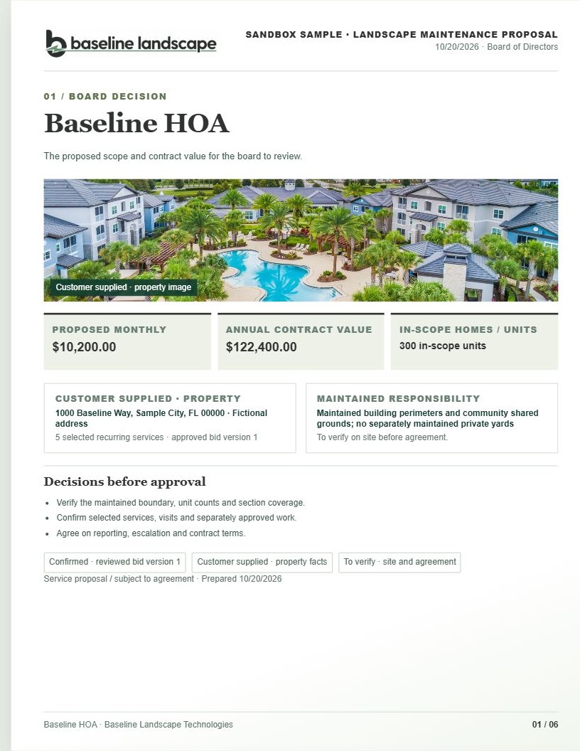 Proposal Studio sample cover for fictional Baseline HOA, with a landscaped community photo, sample address and illustrative budget pricing