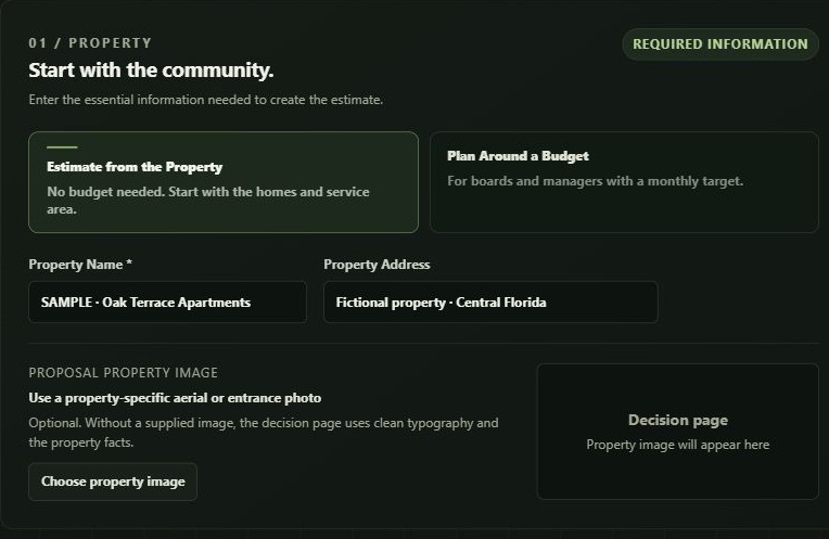 Property inputs in the actual Baseline app for a fictional sample community