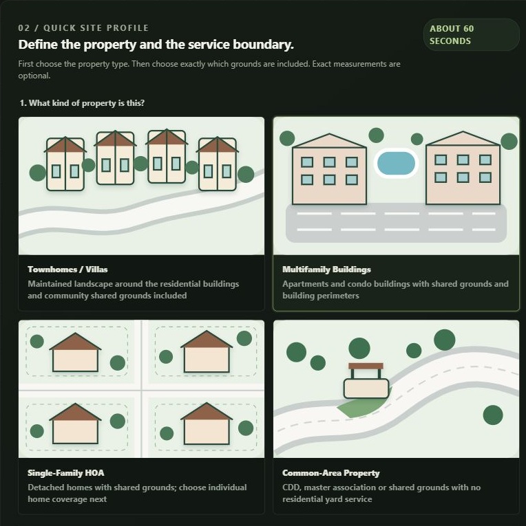 Actual app property-type selection, including townhomes, multifamily buildings, single-family HOA and common-area property